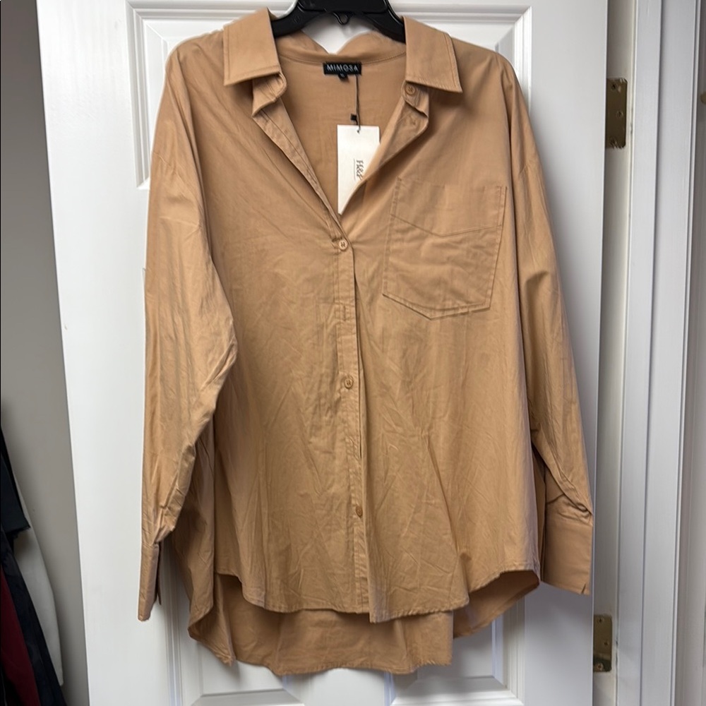 Oversized Tan Button-Up Shirt Medium